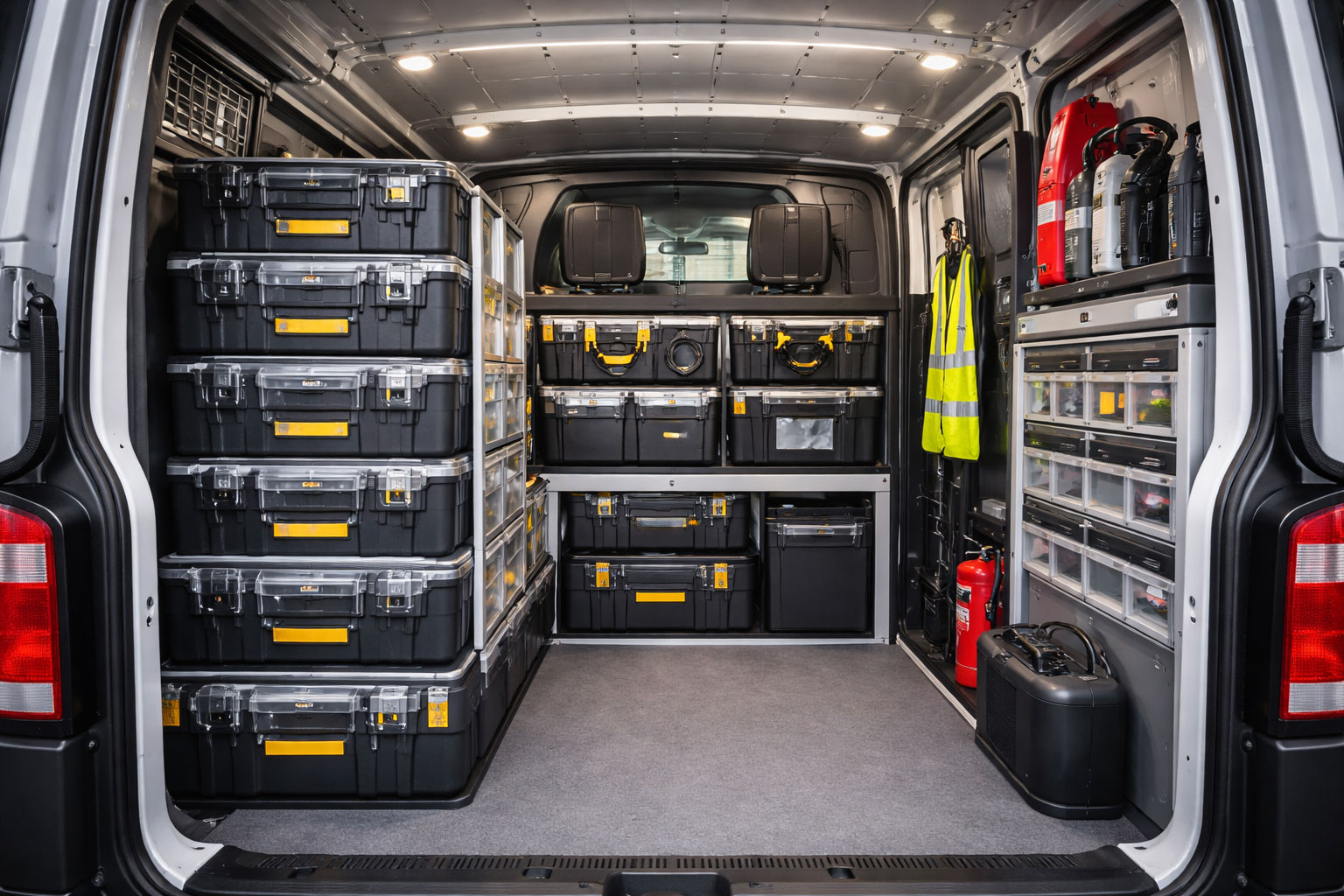 Organisiertes Servicefahrzeug nach dem Umbau mit modularen Systemkoffern, klaren Zonen und sauberem Stauraum