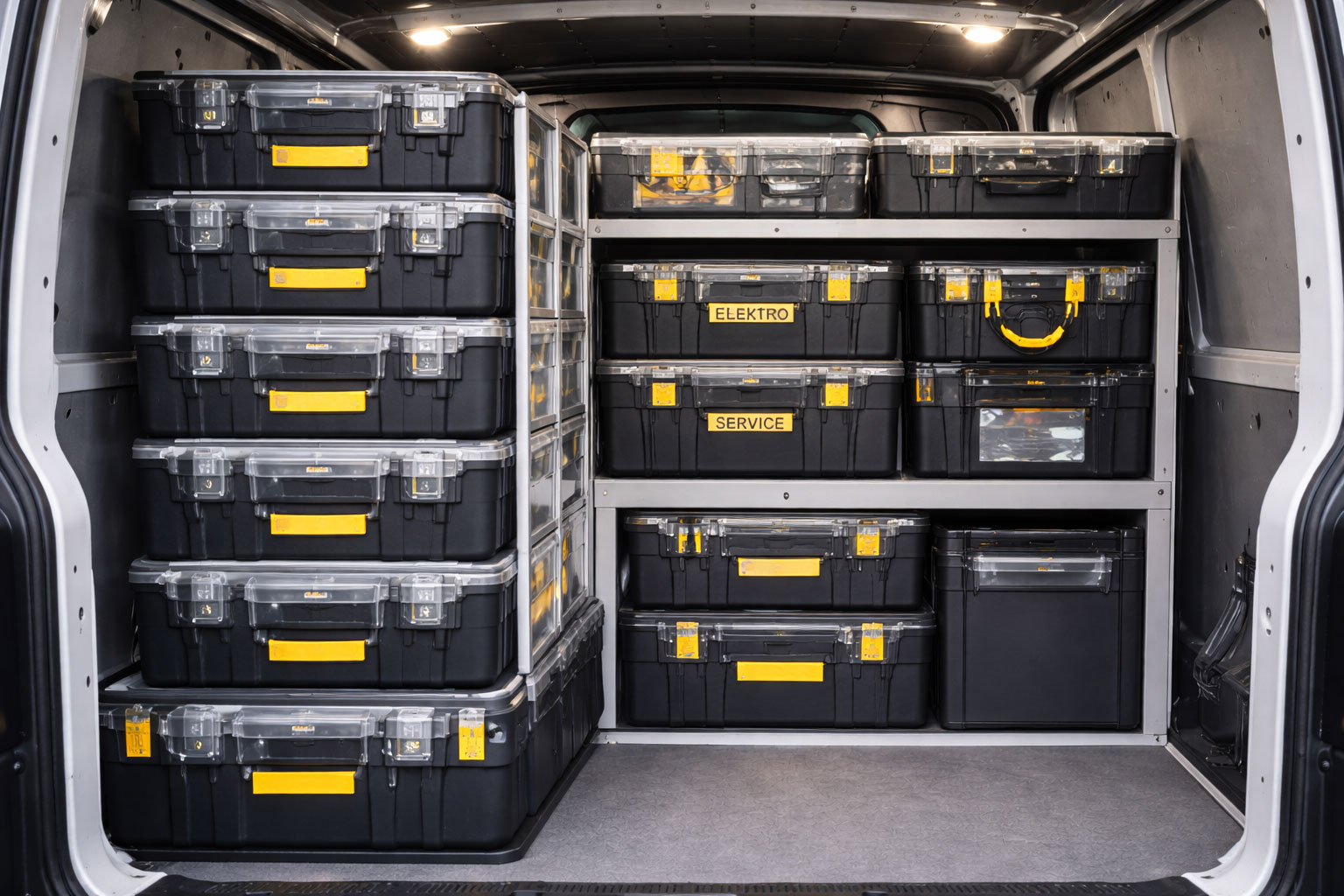 Regalsystem im Servicefahrzeug mit gestapelten modularen Systemkoffern als Elektro-, Montage-, Service- und Material-Module