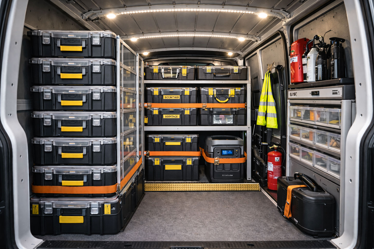 Servicefahrzeug nach dem Umbau mit klarer Zonenstruktur, modularen Koffern und sichtbar genutzter Ordnung