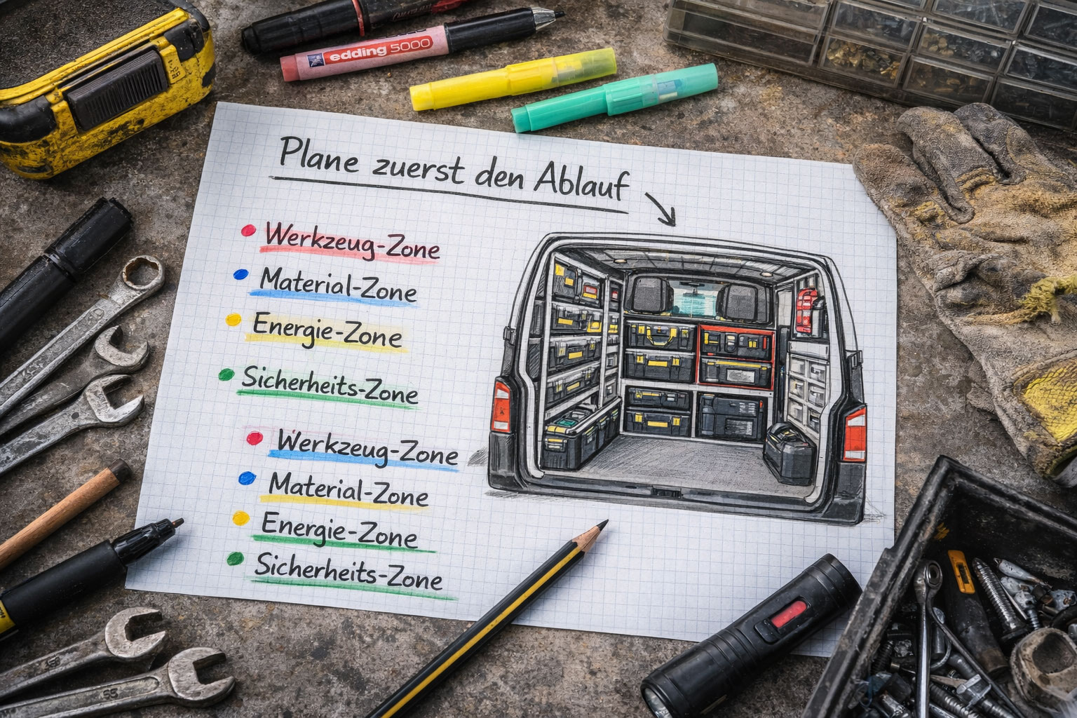 Skizze oder Planungsnotizen zur Zonenaufteilung im Servicefahrzeug mit Werkzeug-, Material-, Energie- und Sicherheitszone