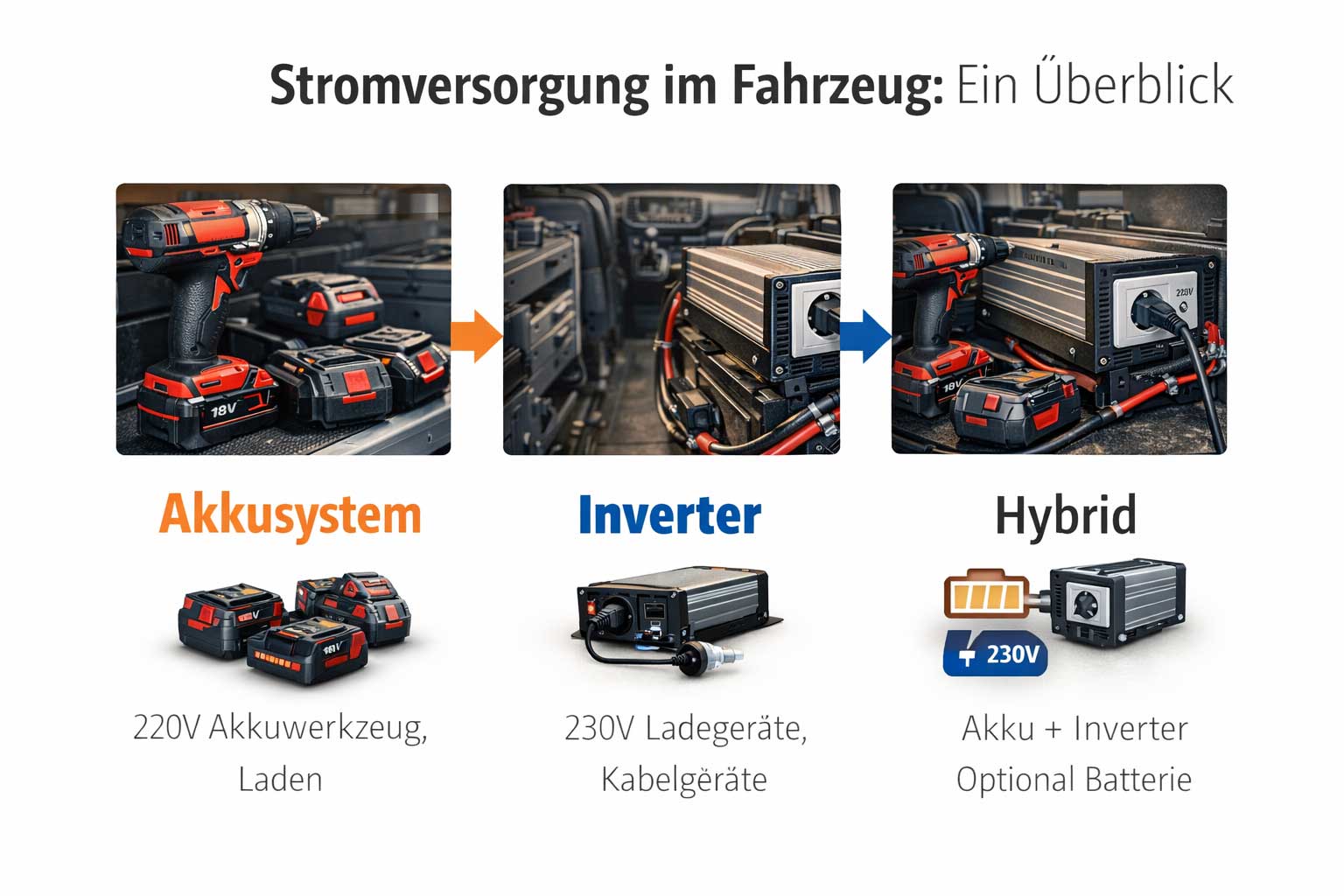 Übersicht: Akkusystem, Inverter und Kombilösung für die Stromversorgung im Fahrzeug
