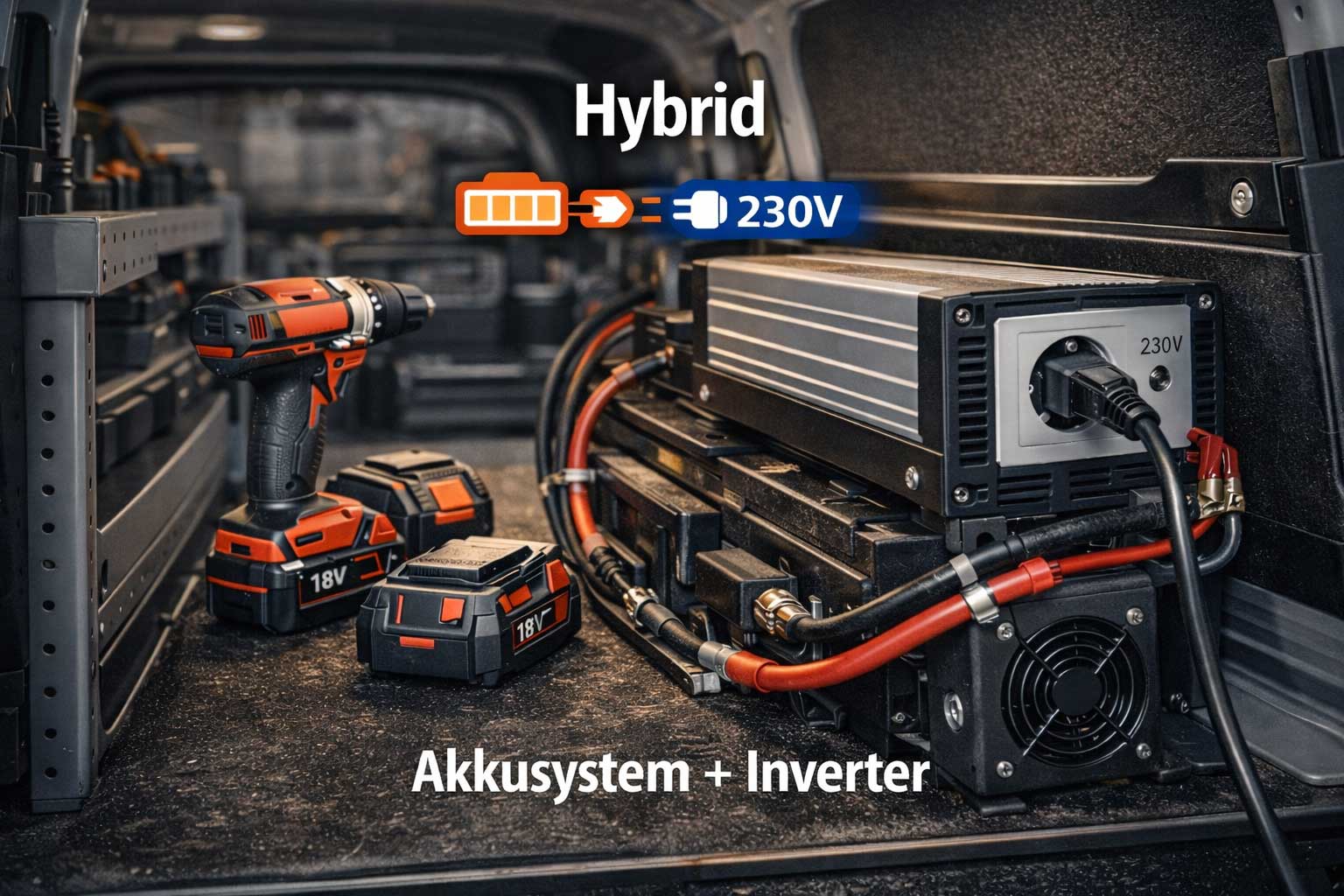 Hybrid Stromversorgung im Fahrzeug: Akkusystem plus Inverter als flexible Lösung