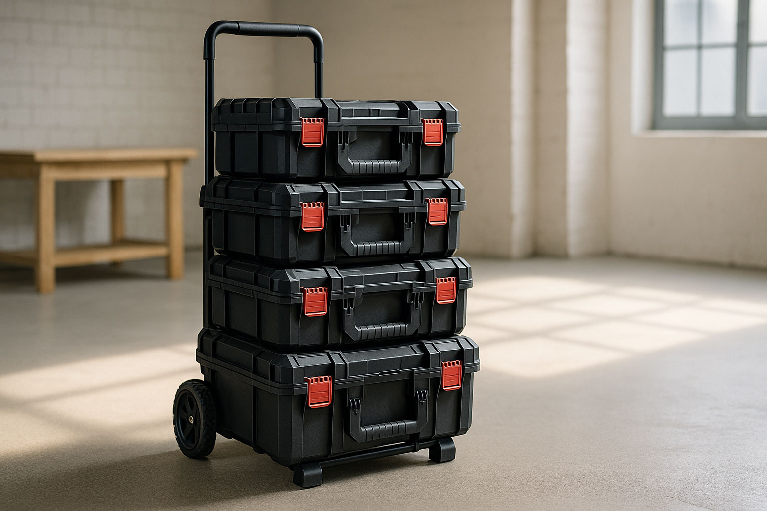 Stapelbare Transportboxen auf Trolley in heller Werkstatt oder Baustellenumgebung