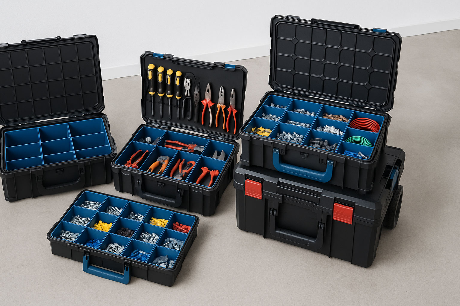 Geöffnete Transportboxen mit geordneten Einsätzen und Farbcodes