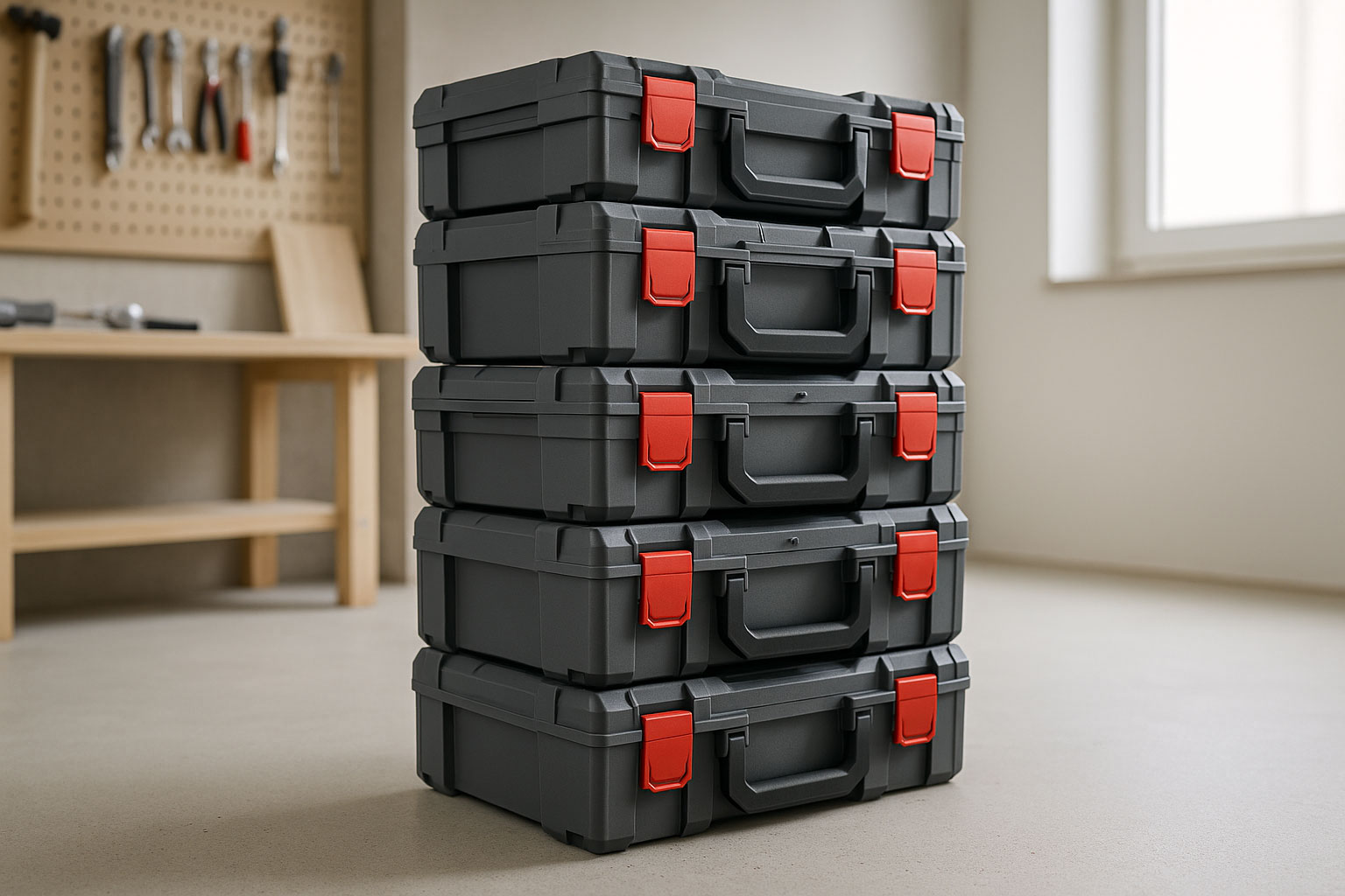 Mehrere Systemboxen gestapelt mit Klickverbindung in heller Werkstatt