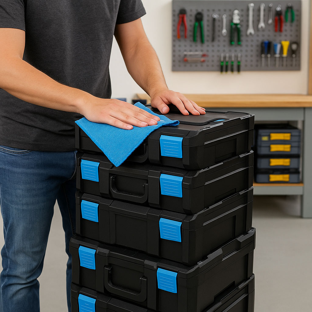 Pflege eines Boxensystems: Reinigung der Oberfläche mit Tuch