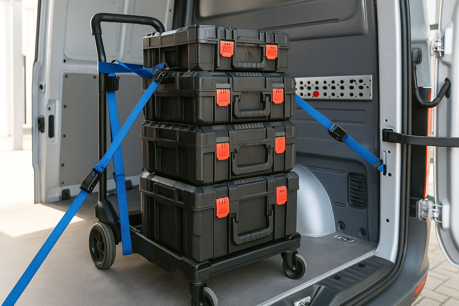 Trolley-System im Fahrzeug mit Zurrgurten gesichert