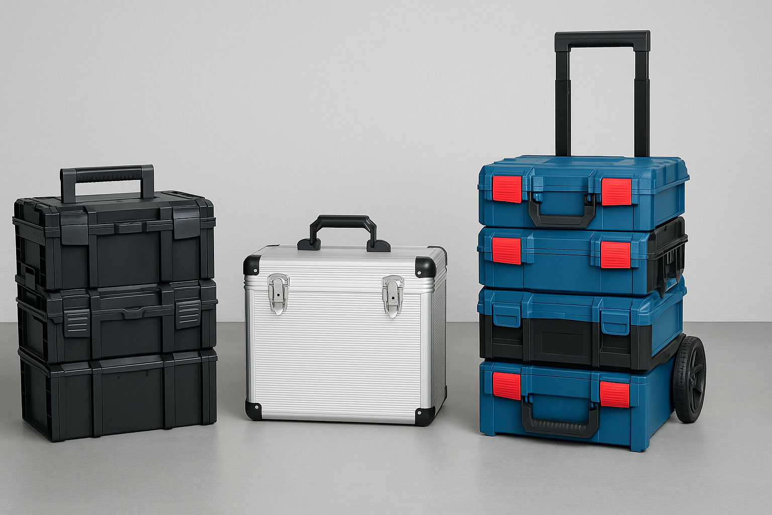 Drei Transportboxen-Typen im Vergleich: Kunststoffbox, Alubox und Rolltrolley