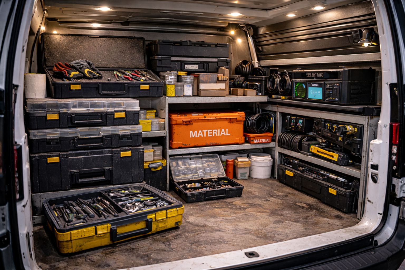 Modern organisiertes Servicefahrzeug mit modularen Werkzeug-Systemen, klaren Zonen und LED-Beleuchtung