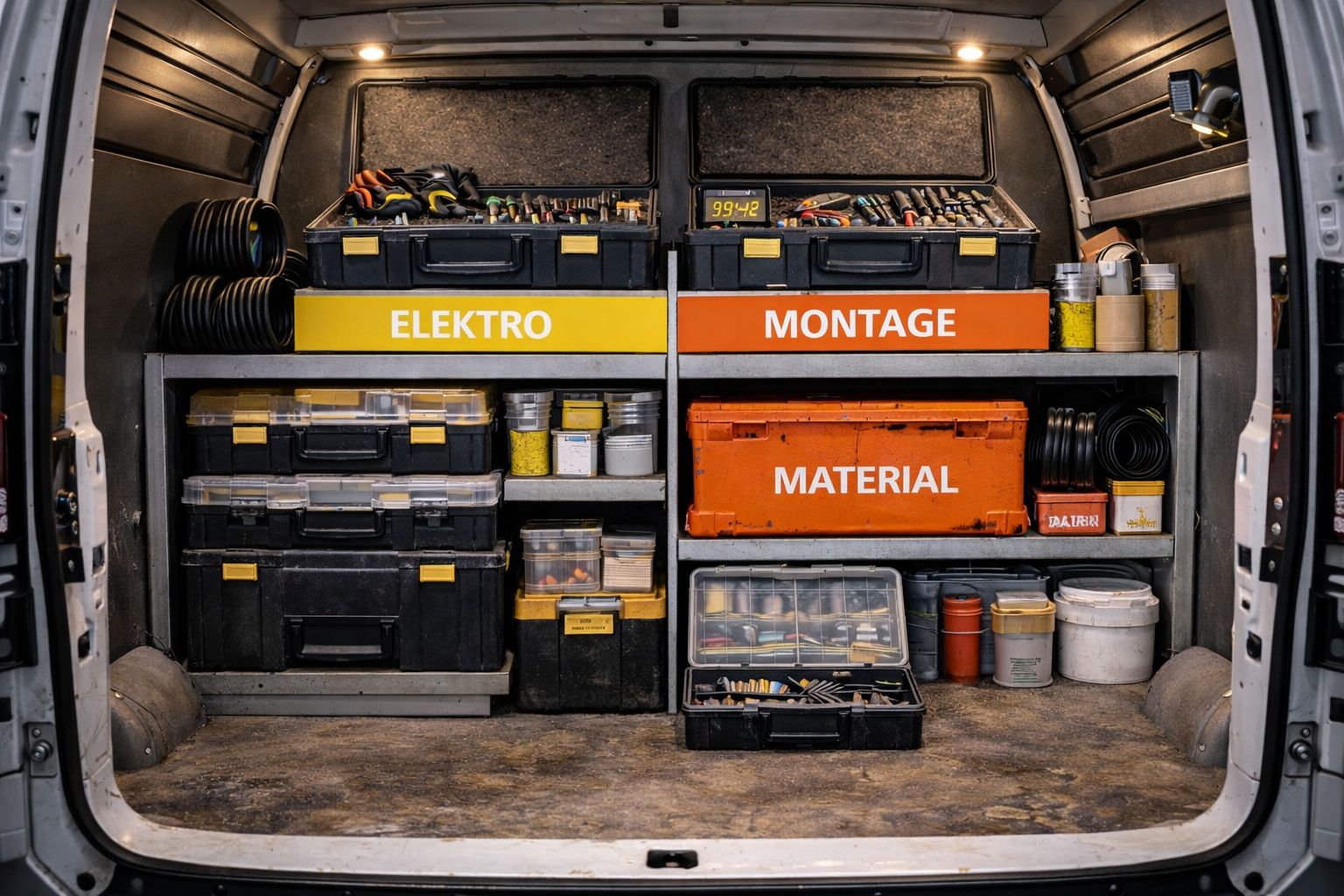 Mehrere modulare Systemkoffer im Servicefahrzeug, sichtbar genutzt und stapelbar organisiert