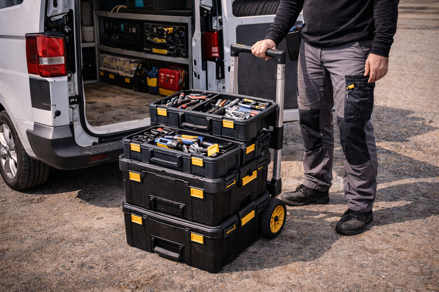 Mobiles Rollsystem oder Werkzeugtrolley im Einsatz am Servicefahrzeug