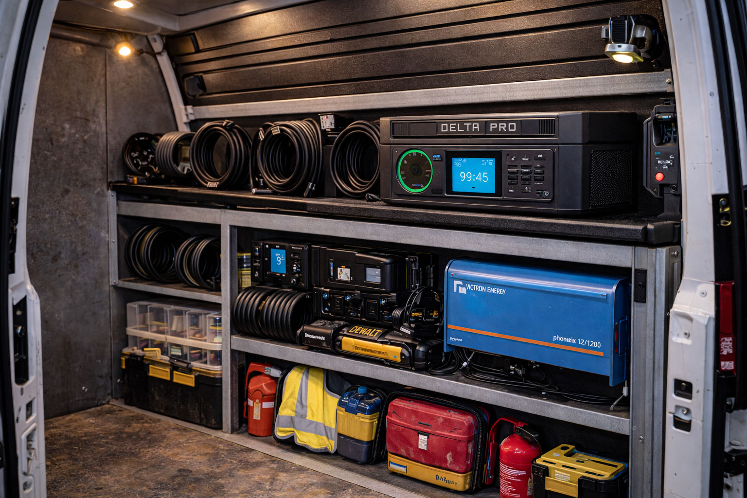 Servicefahrzeug mit integrierter Stromversorgung, Wechselrichter und geordnetem Kabelmanagement