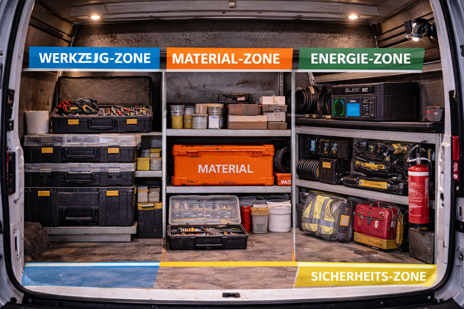 Innenraum eines Servicefahrzeugs mit klar getrennten Zonen für Werkzeug, Material und Energie