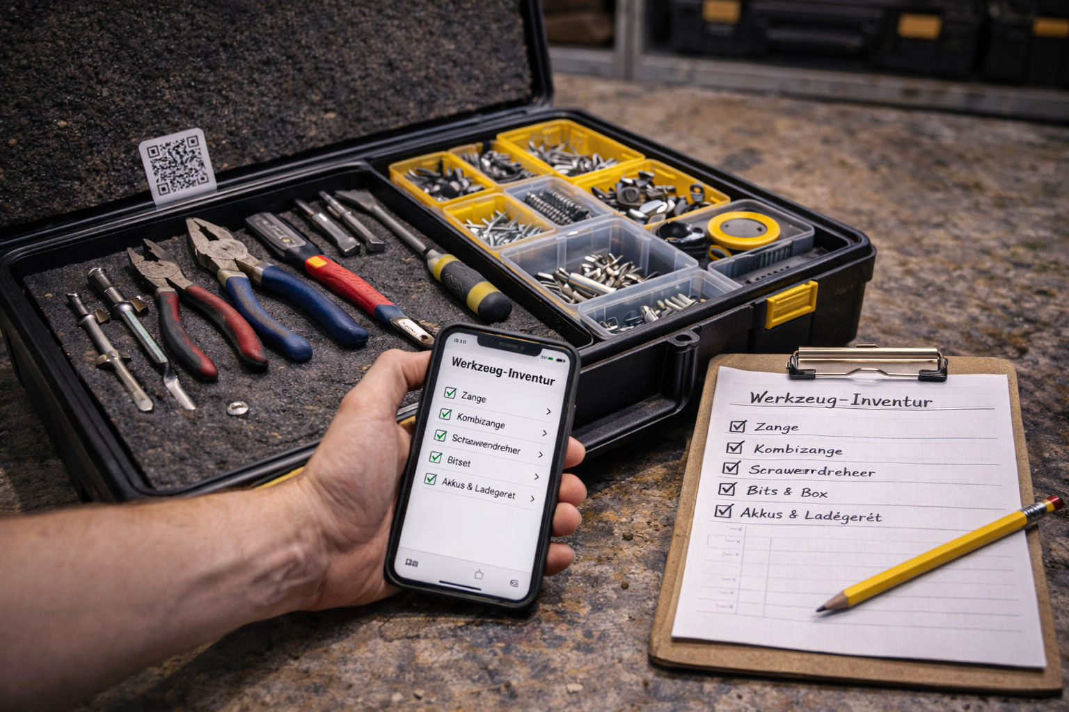 Einfache digitale oder schriftliche Checkliste zur Werkzeug-Inventur neben geöffnetem Werkzeugkoffer