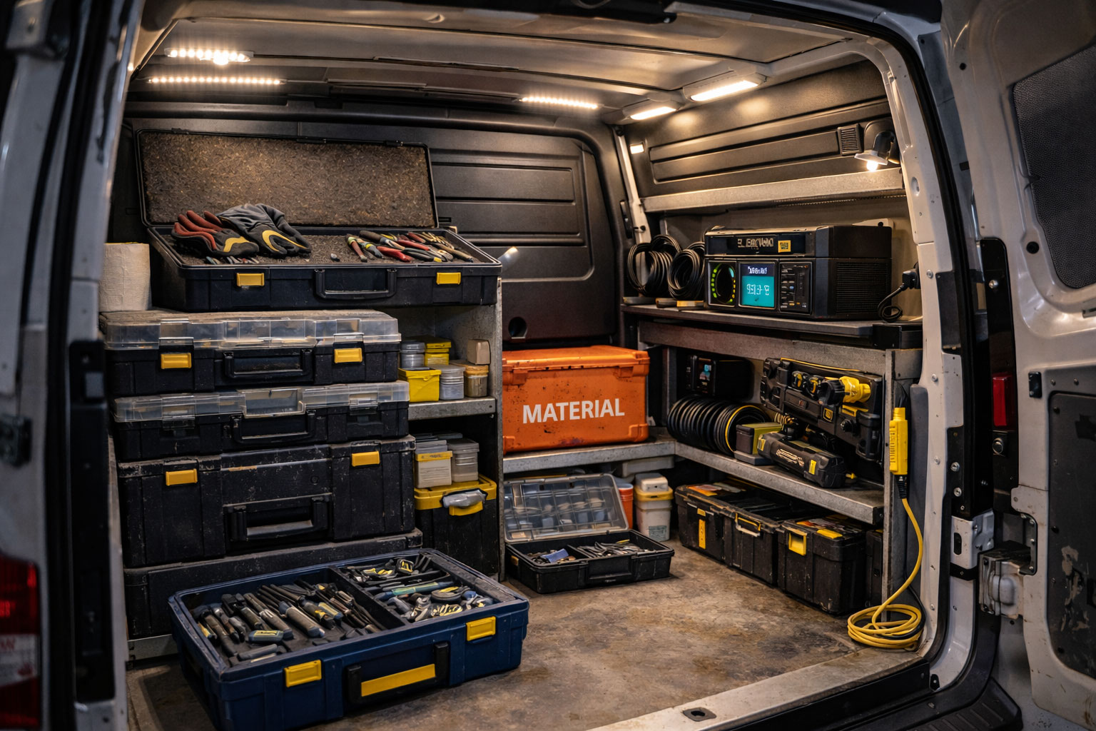 Servicefahrzeug mit ordentlicher Stromversorgung und LED-Beleuchtung im Laderaum, realistisch genutzt