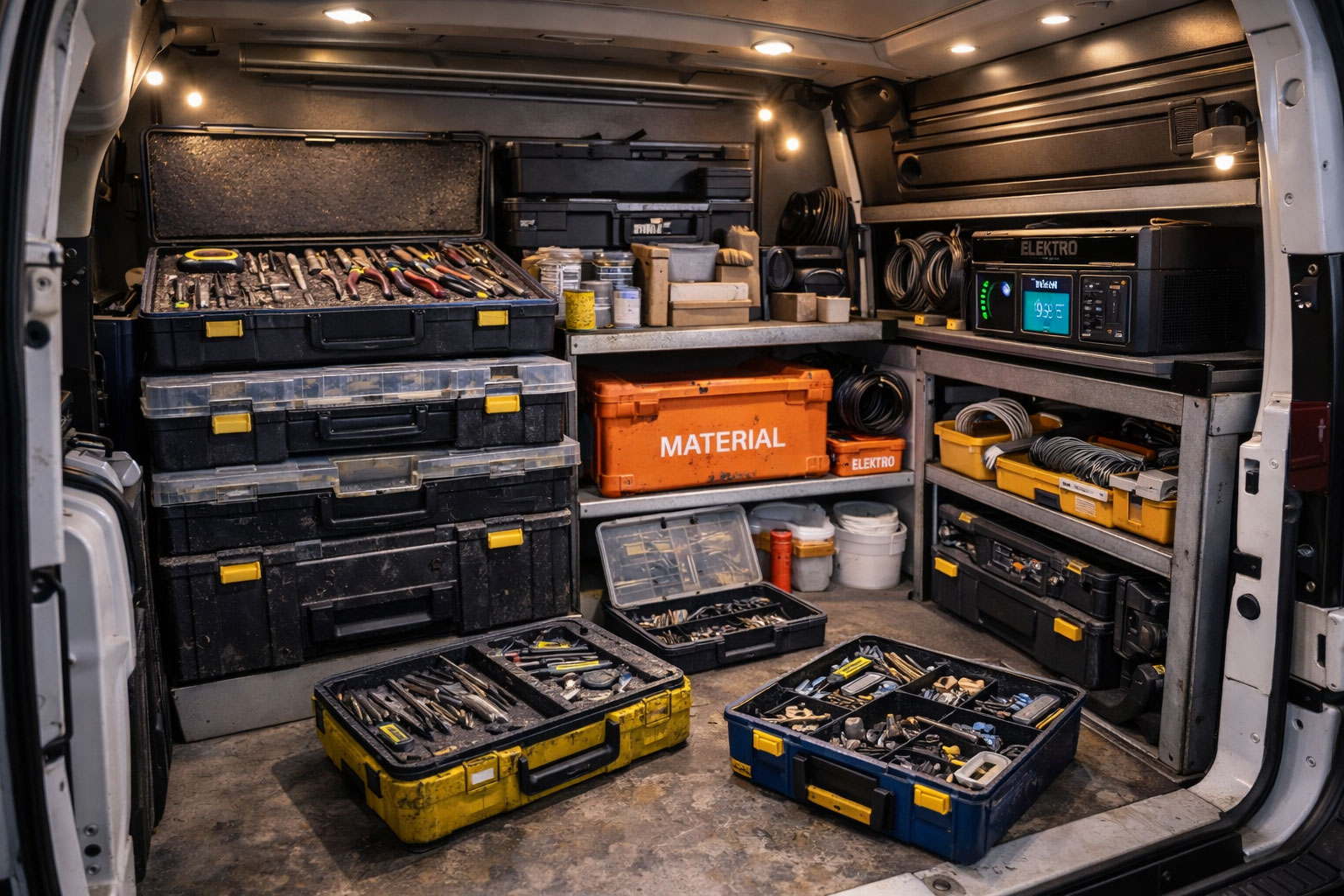 Moderne Werkzeug-Organisation mit modularen Systemkoffern und klaren Zonen in Werkstatt oder Servicefahrzeug