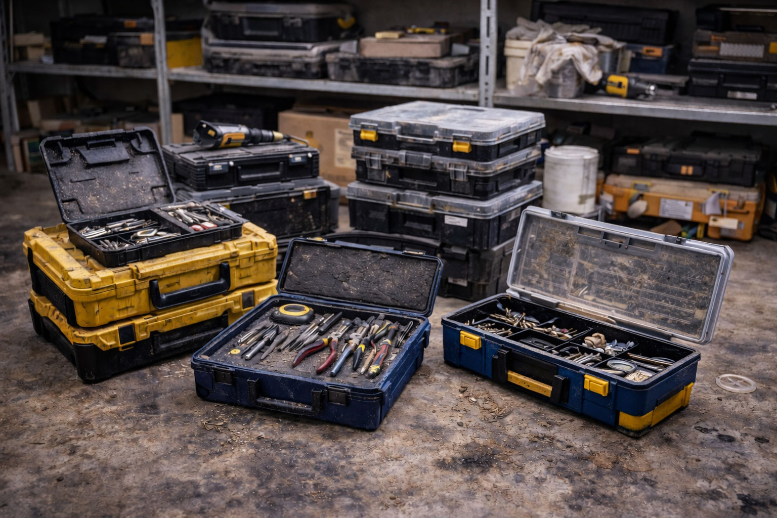 Stapelbare Systemkoffer und modulare Werkzeugboxen im Arbeitsalltag, sichtbar genutzt