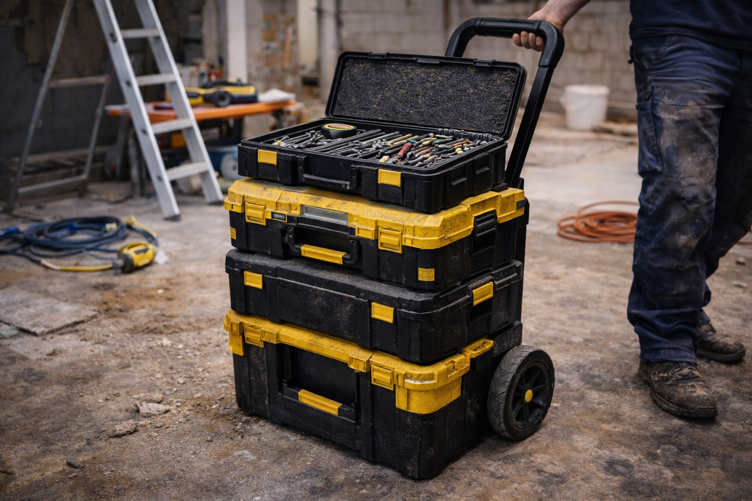 Mobiler Werkzeugtrolley oder Rollkoffer im Einsatz, realistische Werkstatt- oder Baustellensituation
