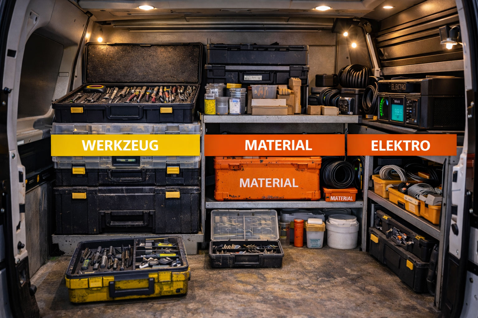 Arbeitsbereich oder Fahrzeug mit klar getrennten Zonen für Werkzeug, Material und Elektro