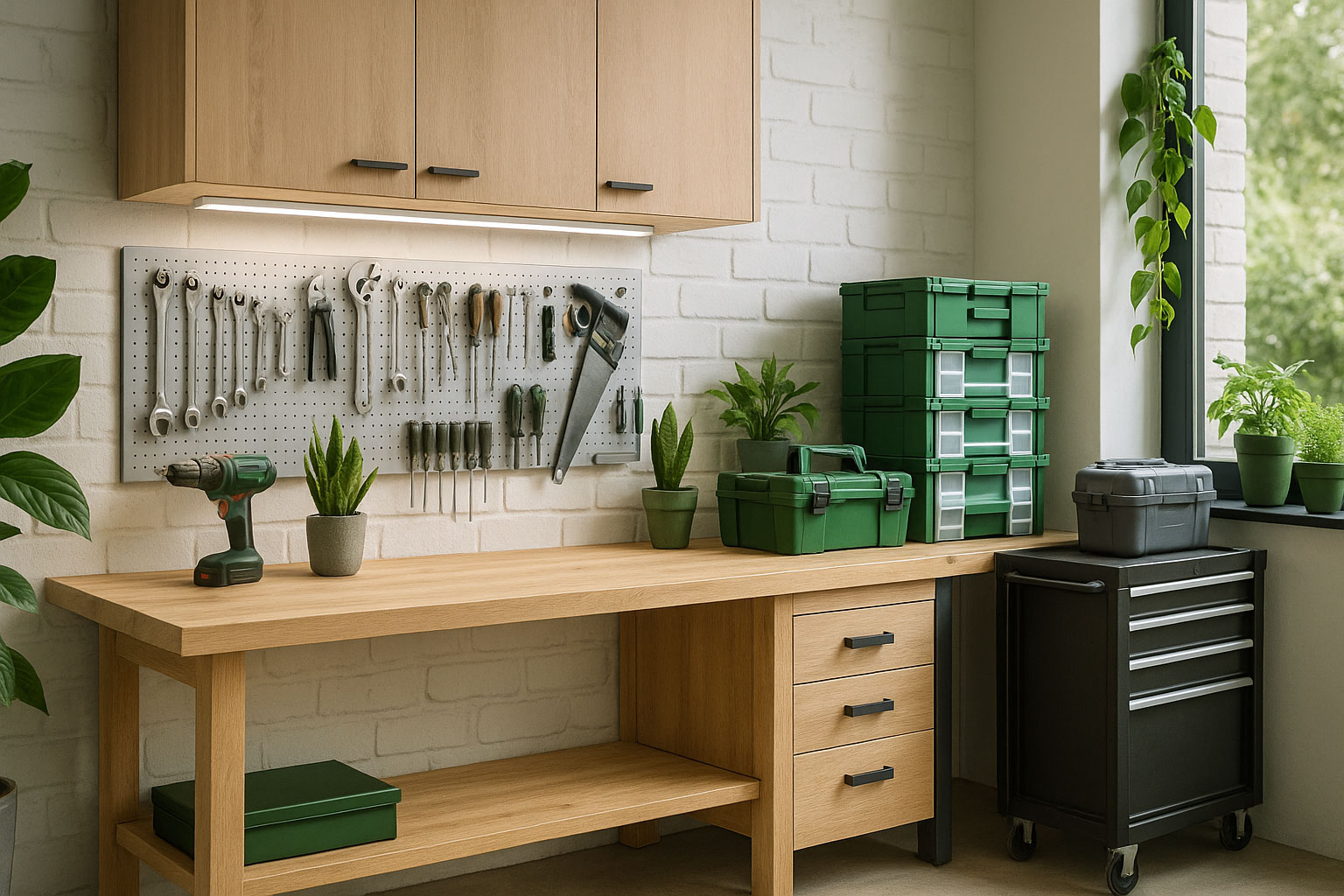 Nachhaltige Werkstatt mit LED-Beleuchtung und Holzelementen