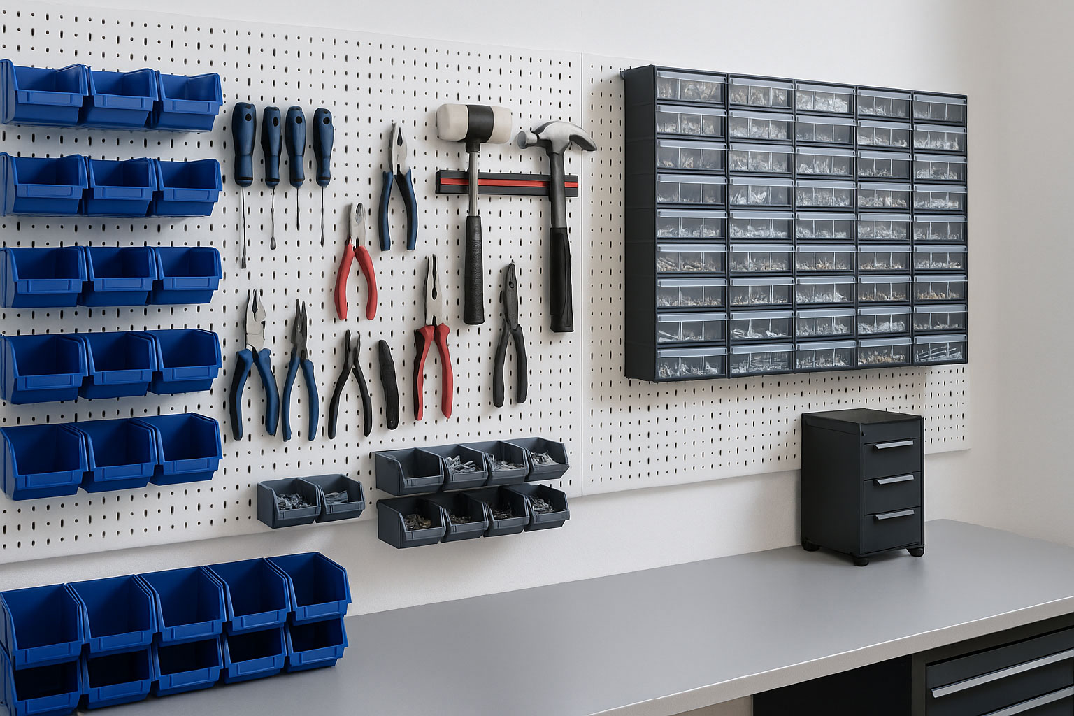 Aufgeräumte Werkstattwand mit Lochplatten, Werkzeughaltern und Kleinteileboxen