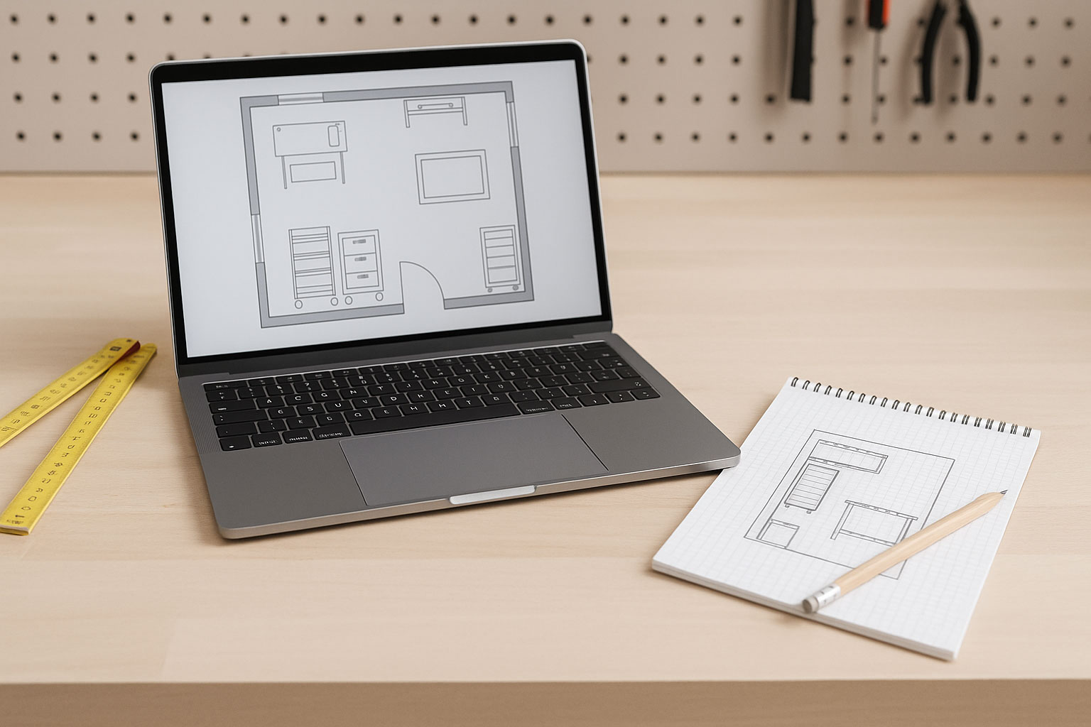 Werkstattplanung mit Grundriss, Skizze und Arbeitsplatzkonzept