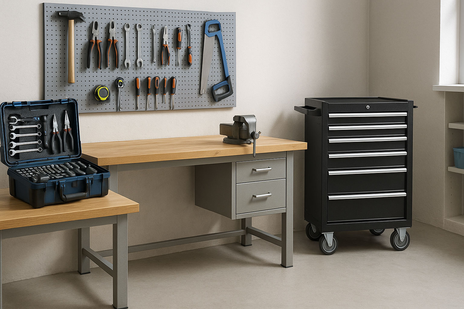 Werkbank, Werkzeugkoffer und Werkstattwagen als Grundausstattung einer Werkstatt