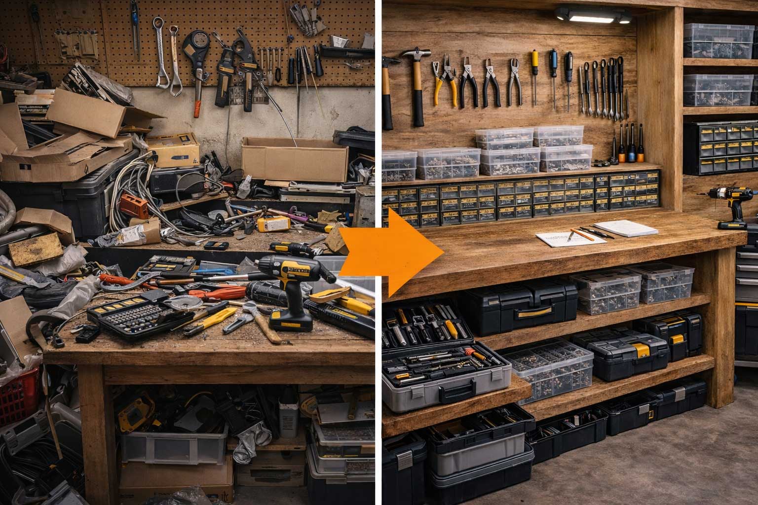 Vergleich zwischen ungeplanter Werkstatt und strukturierter, gut organisierter Werkstatt