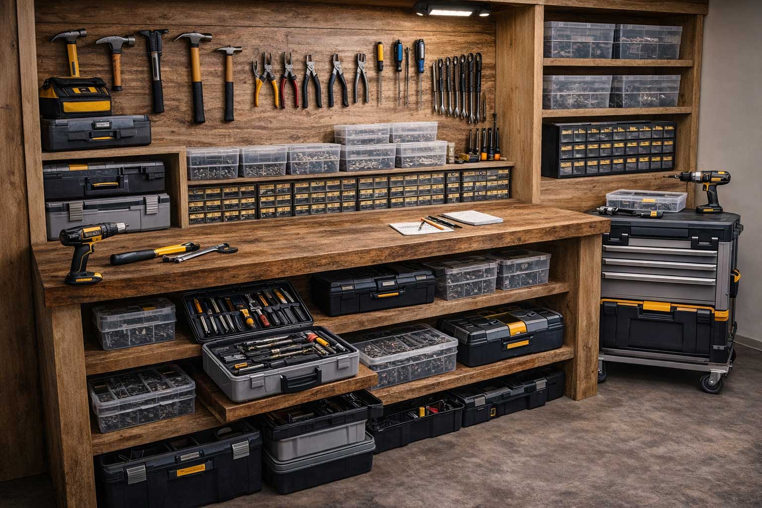 Gut geplante Werkstatt mit übersichtlicher Anordnung von Werkzeugen, Arbeitsflächen und Regalen