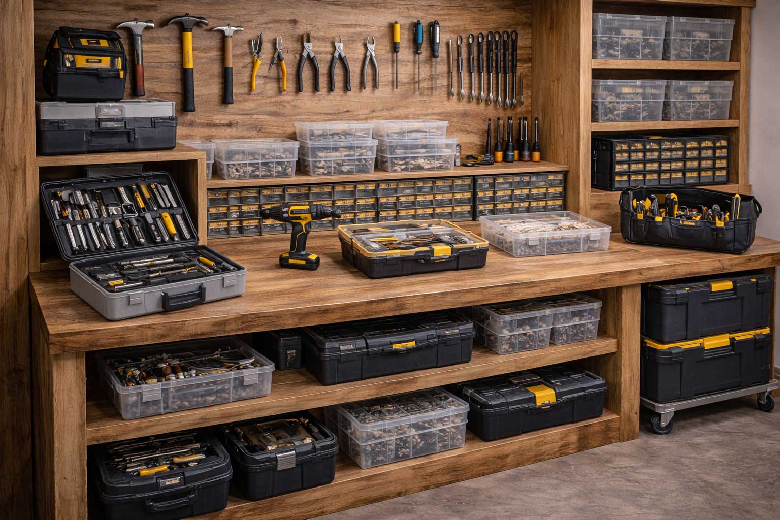 Übersichtlich organisierte Werkzeuge in Regalen, Werkzeugkoffern und Sortimentsboxen