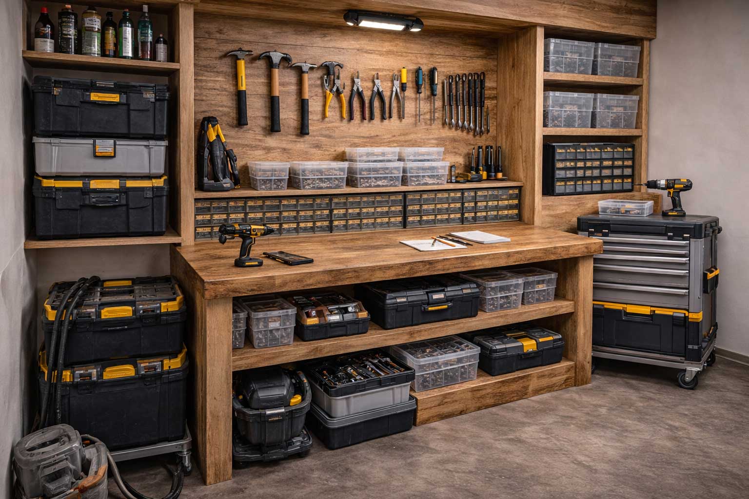 Kleine Werkstatt mit optimal genutztem Platz durch Wandhalterungen und Regalsysteme