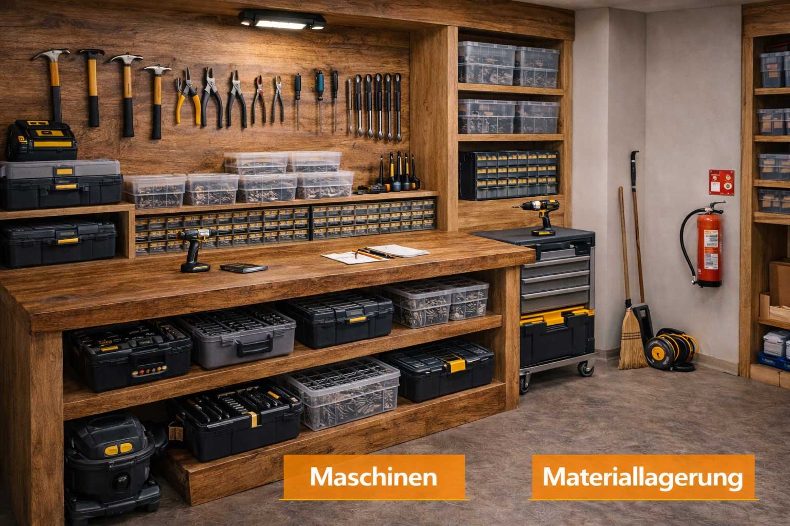 Sichere Werkstatt mit guter Beleuchtung, freien Wegen und geordneter Werkzeug-Aufbewahrung