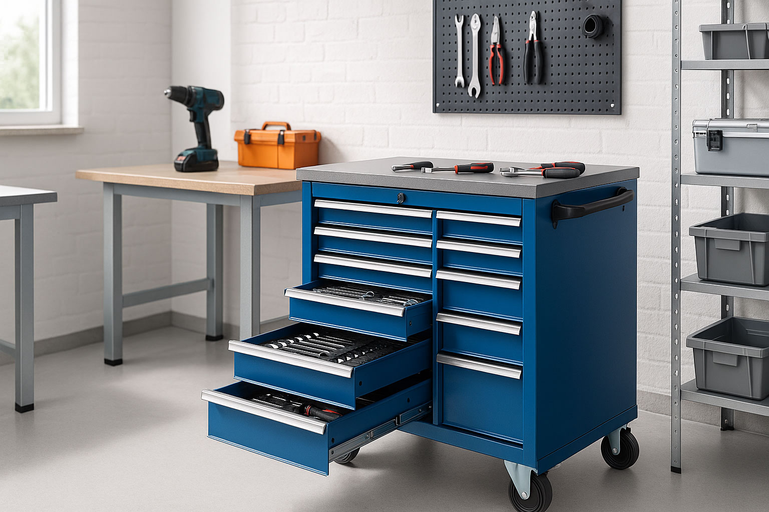 Moderner Werkstattwagen in heller Werkstattumgebung