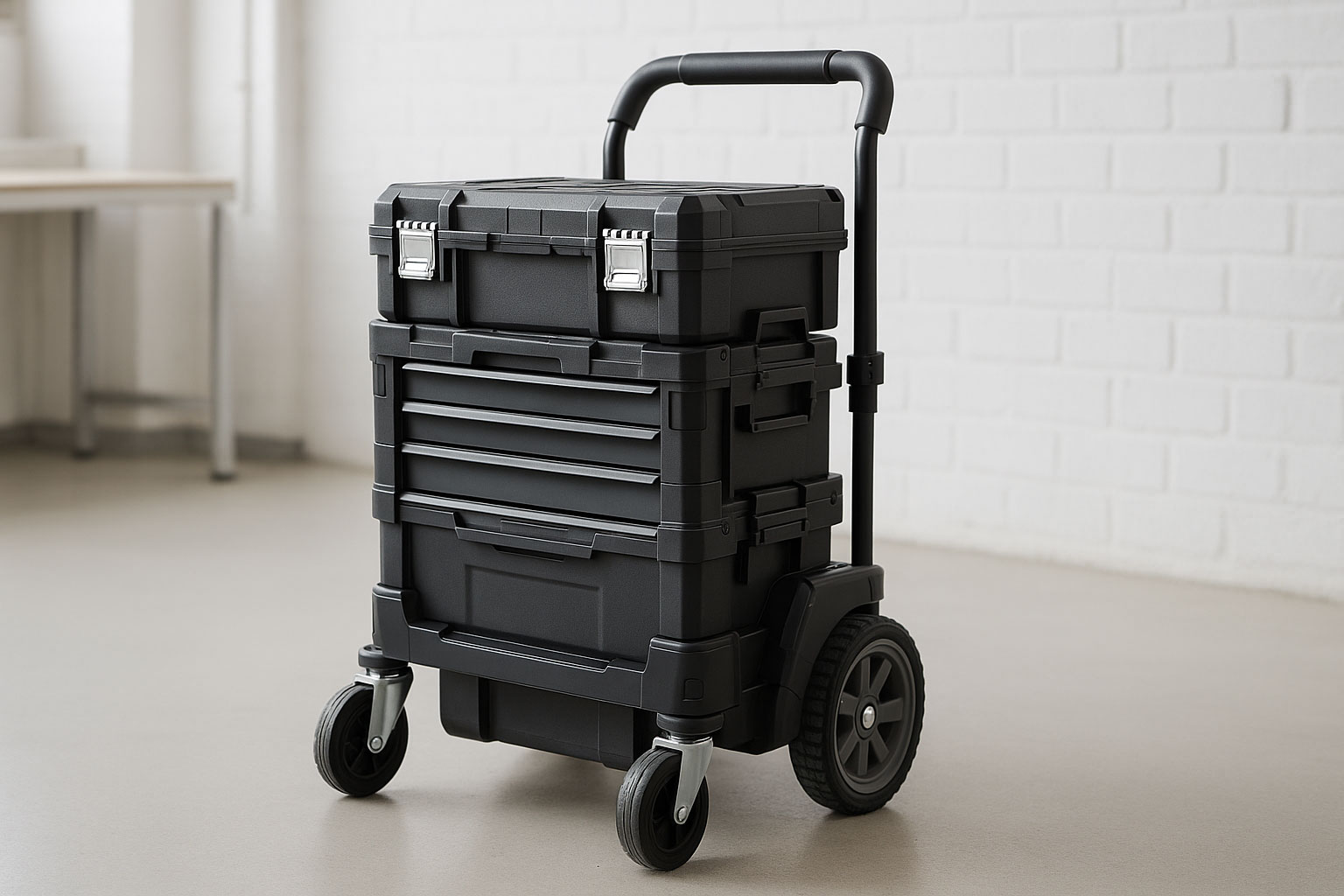 Mobiler Werkstattwagen mit großen Rollen und Griff für den flexiblen Einsatz