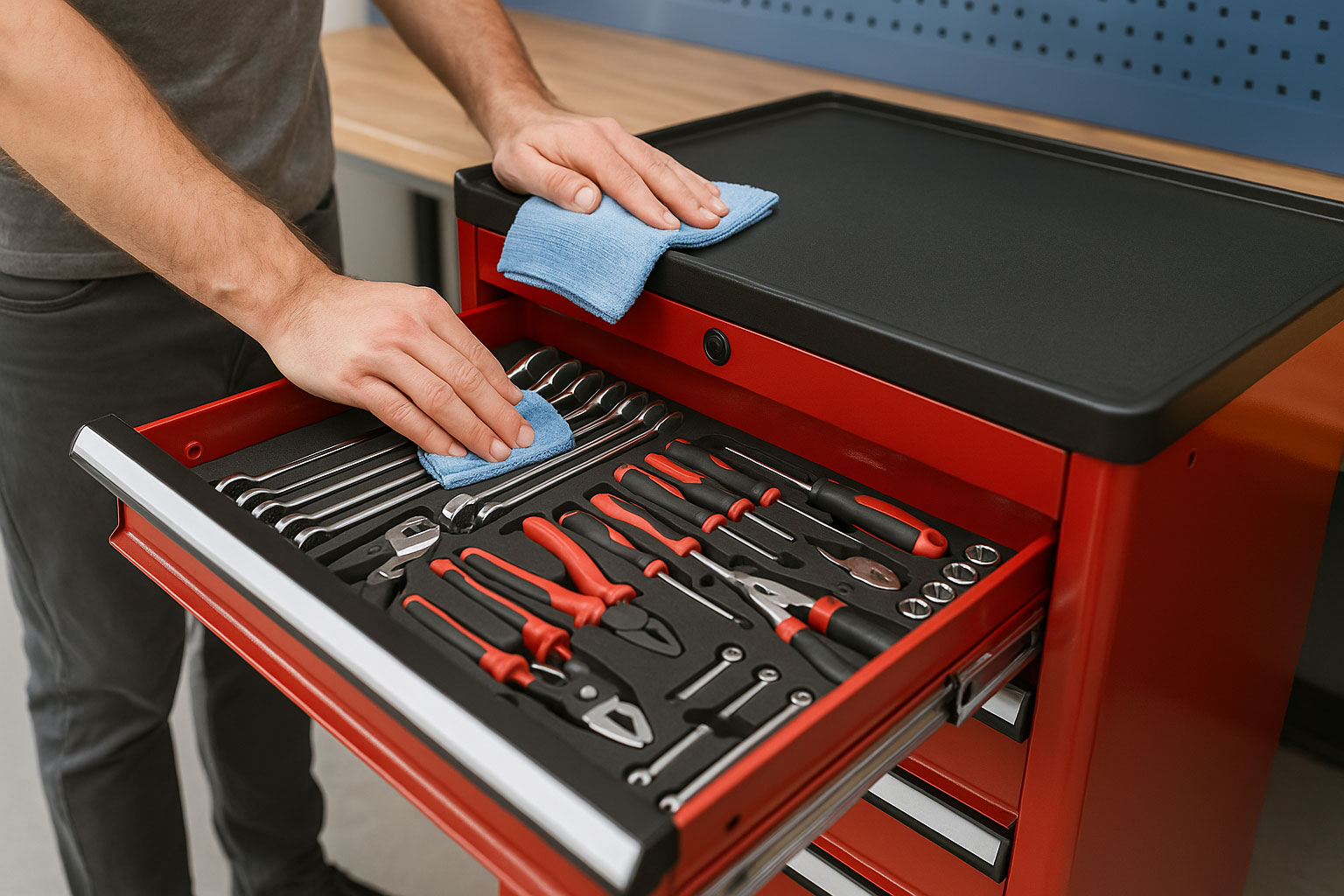 Pflege eines Werkstattwagens mit Mikrofasertuch und Werkzeugeinlagen