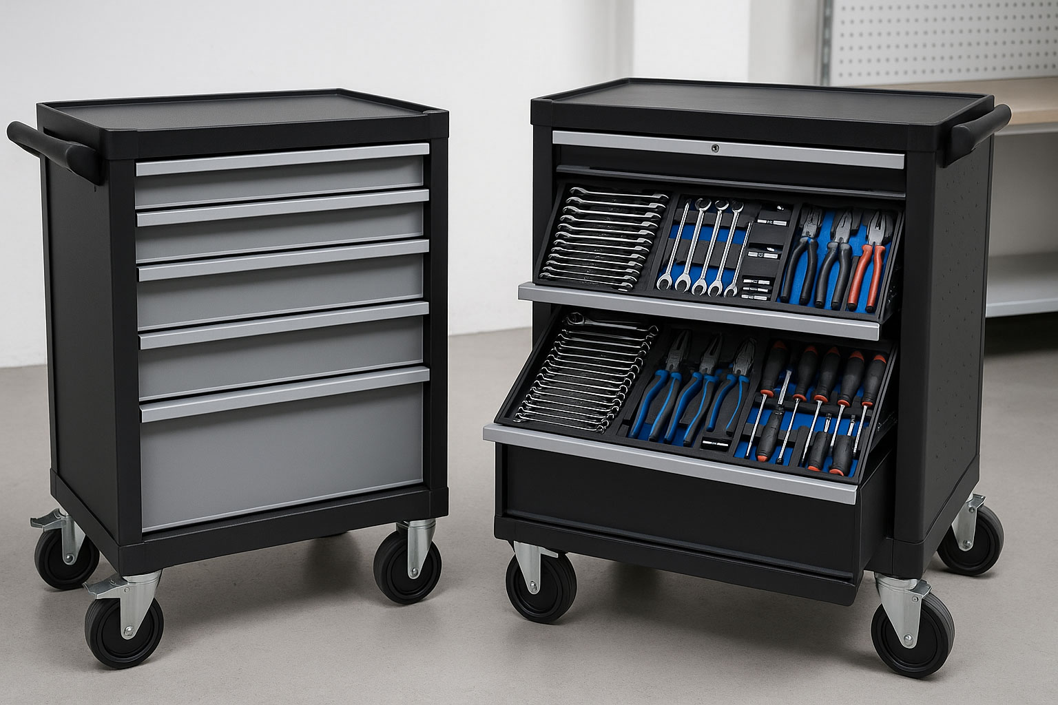 Werkstattwagen leer und bestückt im Vergleich