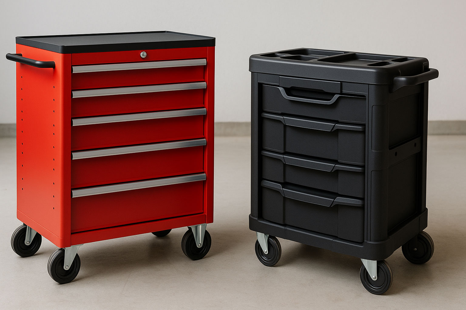 Werkstattwagen aus Metall und Kunststoff nebeneinander