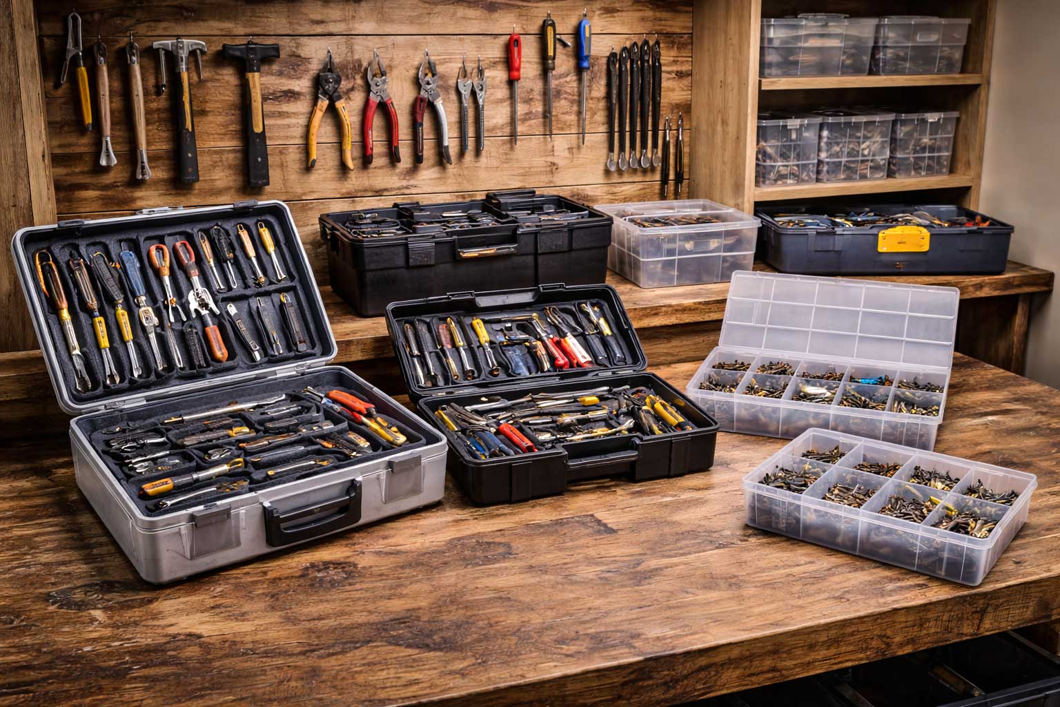 Übersichtlich aufbewahrte Werkzeuge in Koffer und Regalen