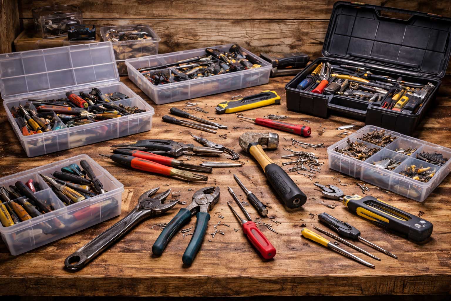 Werkzeuge ohne festen Platz in Kisten und auf Arbeitsflächen verteilt