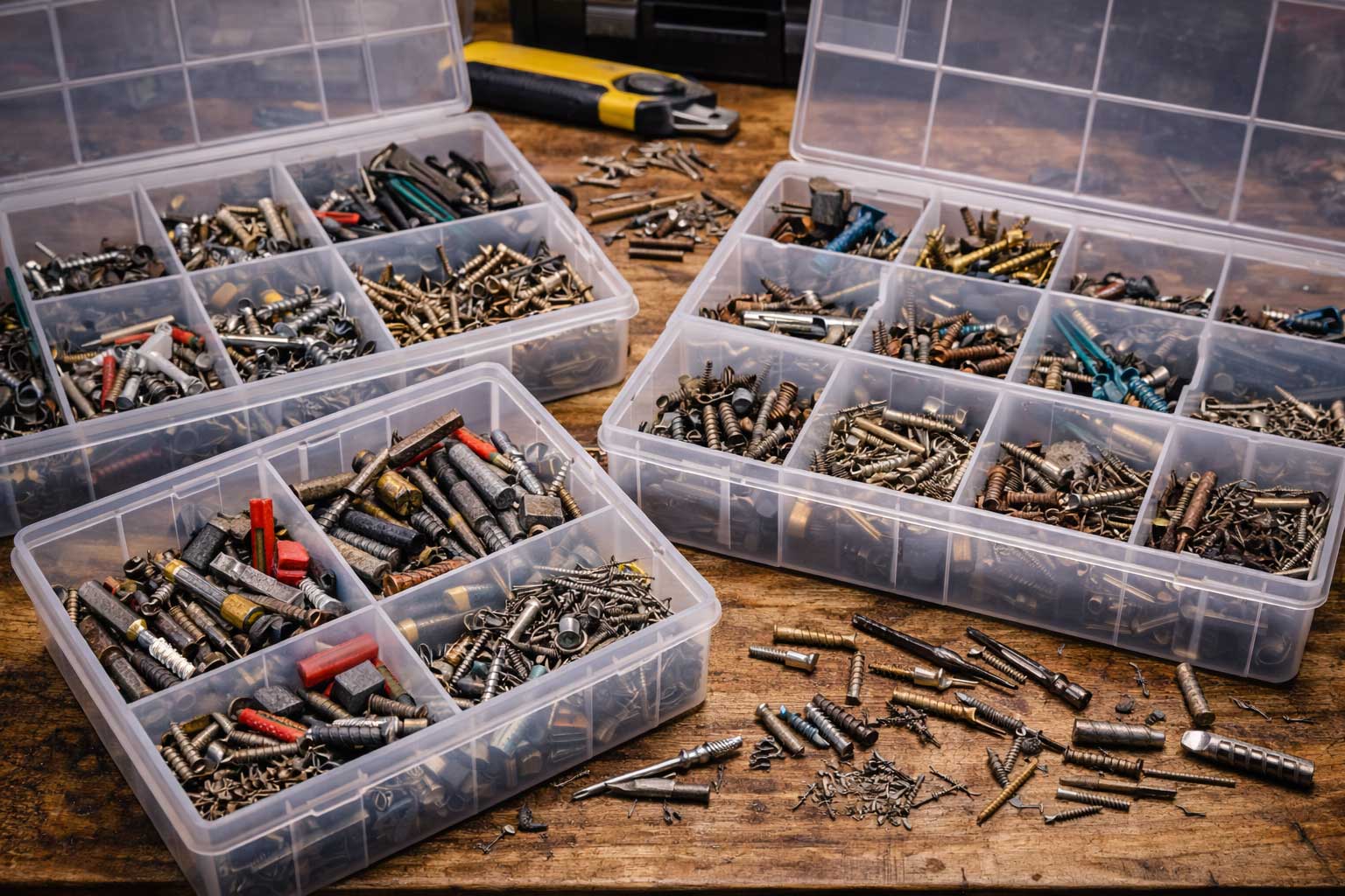 Unbeschriftete Kleinteileboxen mit gemischten Schrauben und Bits