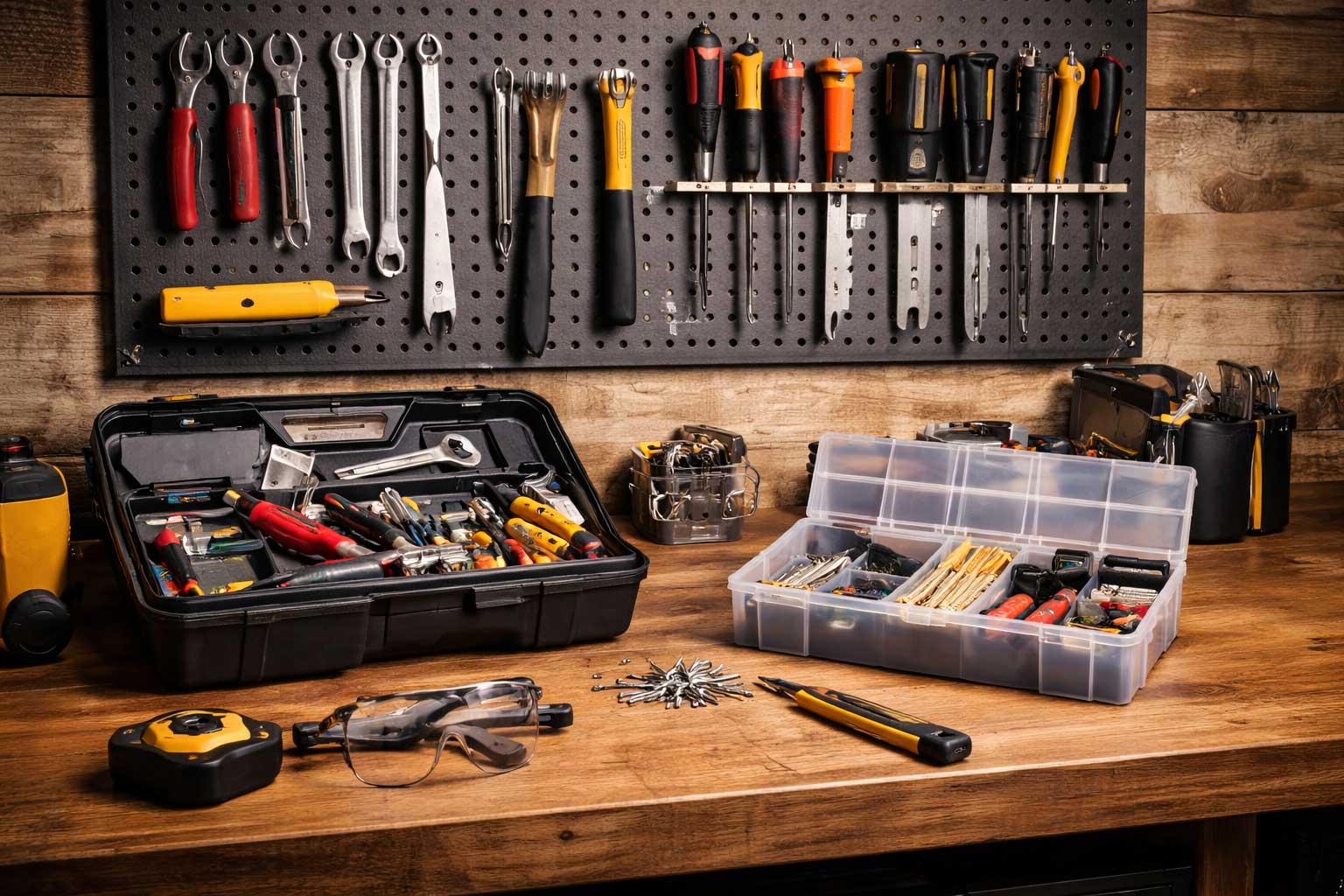 Aufgeräumter Arbeitsplatz für Einsteiger mit übersichtlich sortierten Grundwerkzeugen