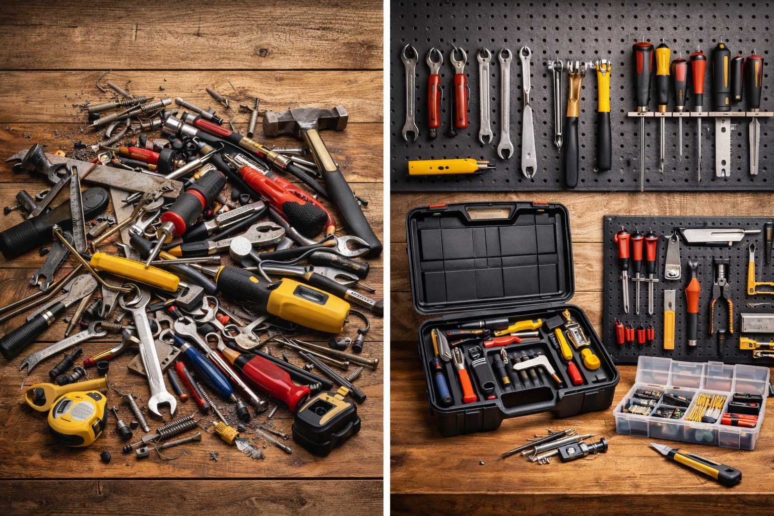 Vergleich zwischen ungeordnetem Werkzeug und übersichtlich organisierter Werkzeug-Ausstattung