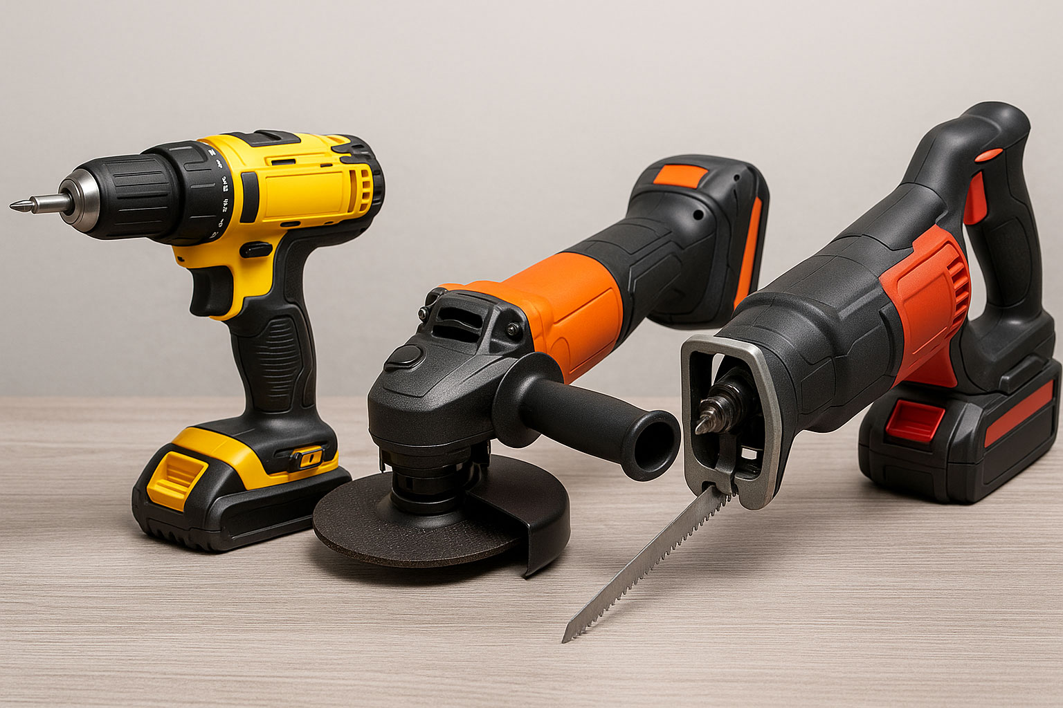 Akkuschrauber, Winkelschleifer und Säbelsäge