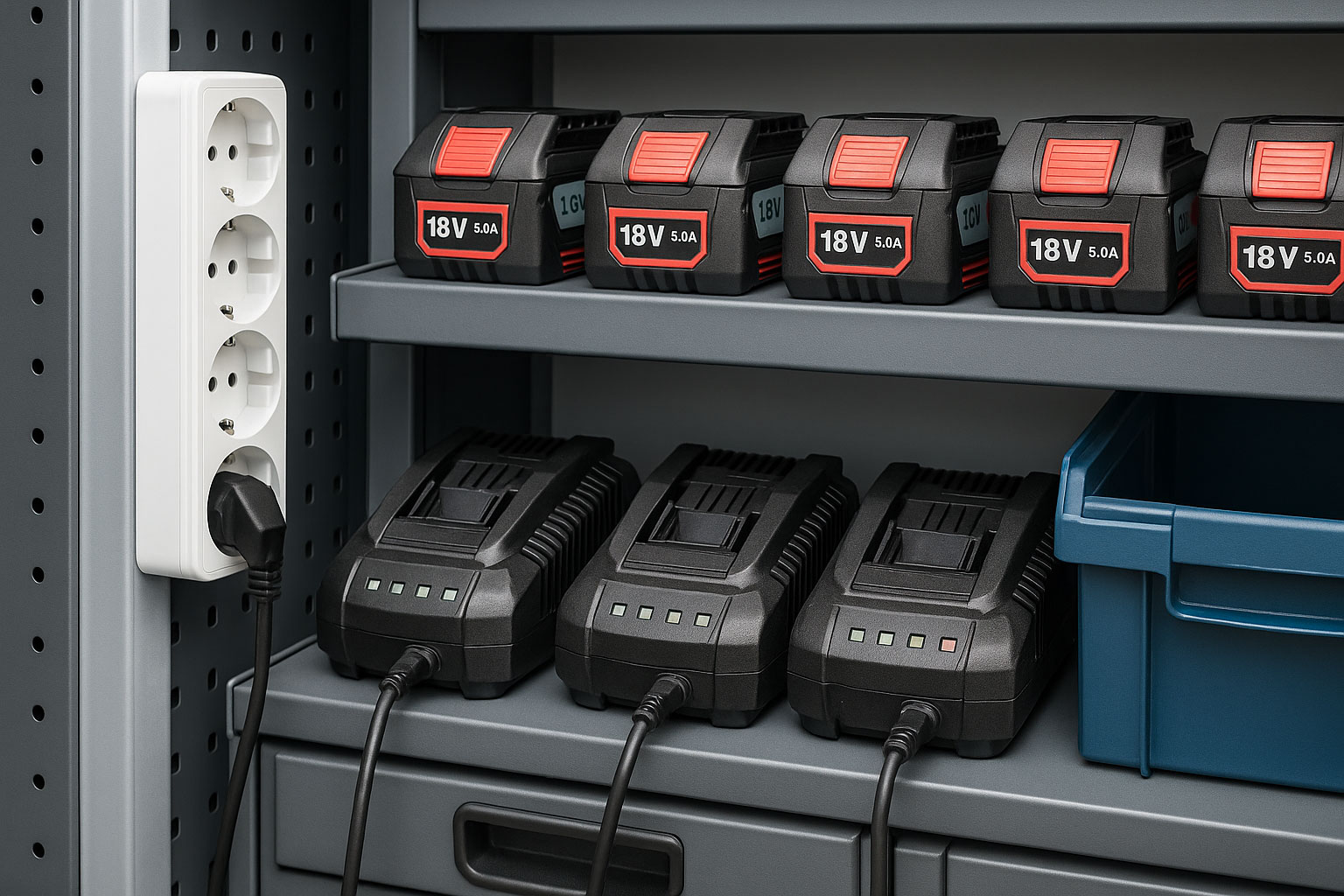 Akkus und Ladegeräte im Regal