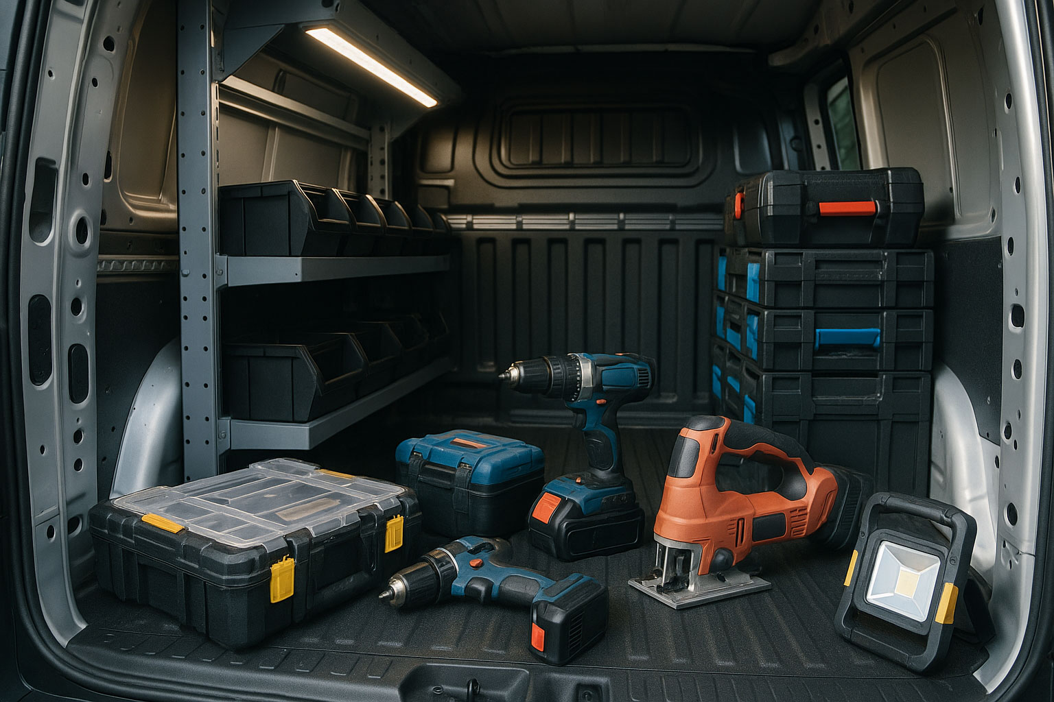 Transporter-Innenraum mit Werkzeugkoffern, Akkugeräten und Beleuchtung