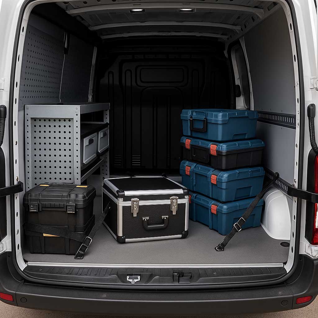 Transporter-Innenraum mit gesicherten Werkzeugkisten und Transportboxen