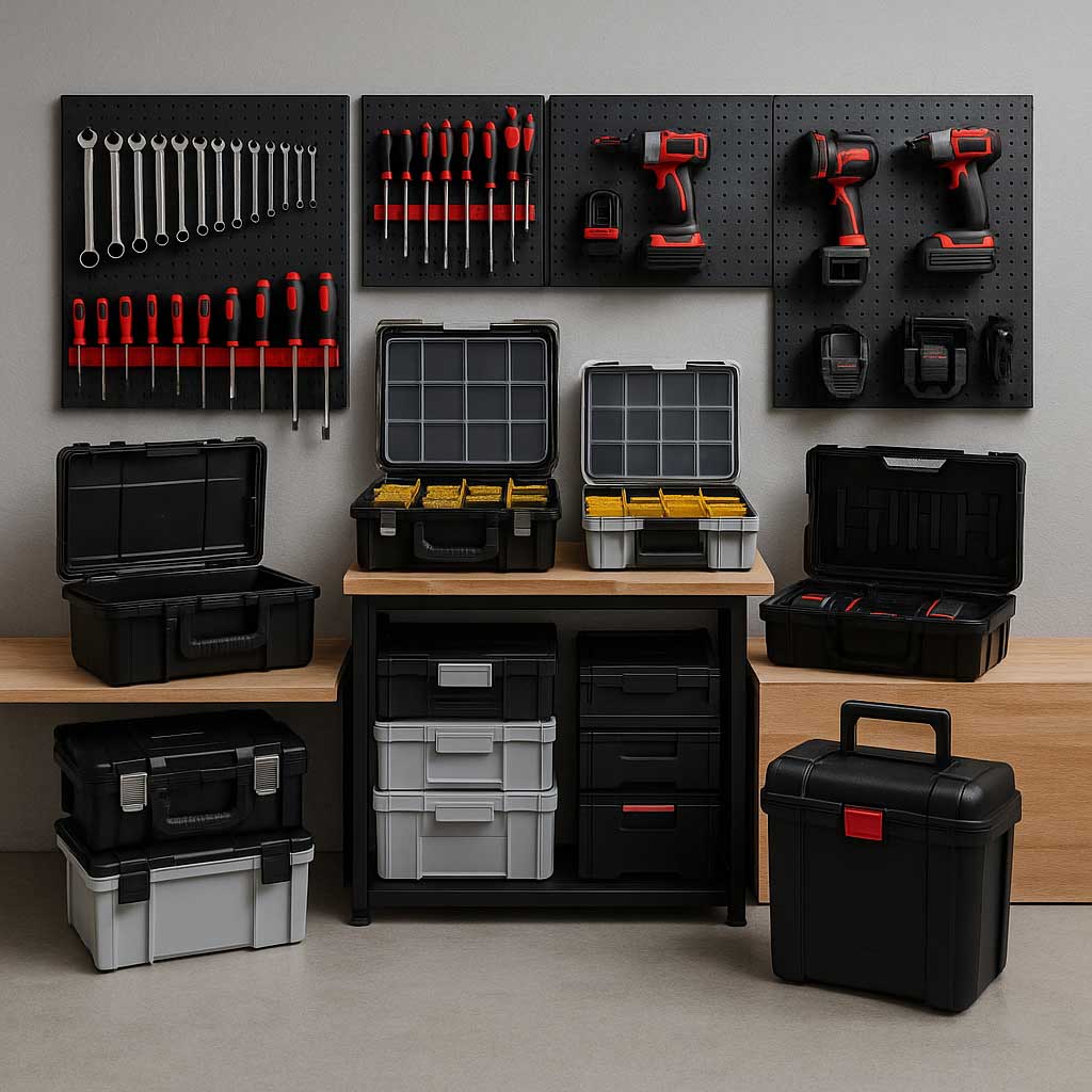 Komplette modulare Werkzeugorganisation mit verschiedenen Kisten und Boxen
