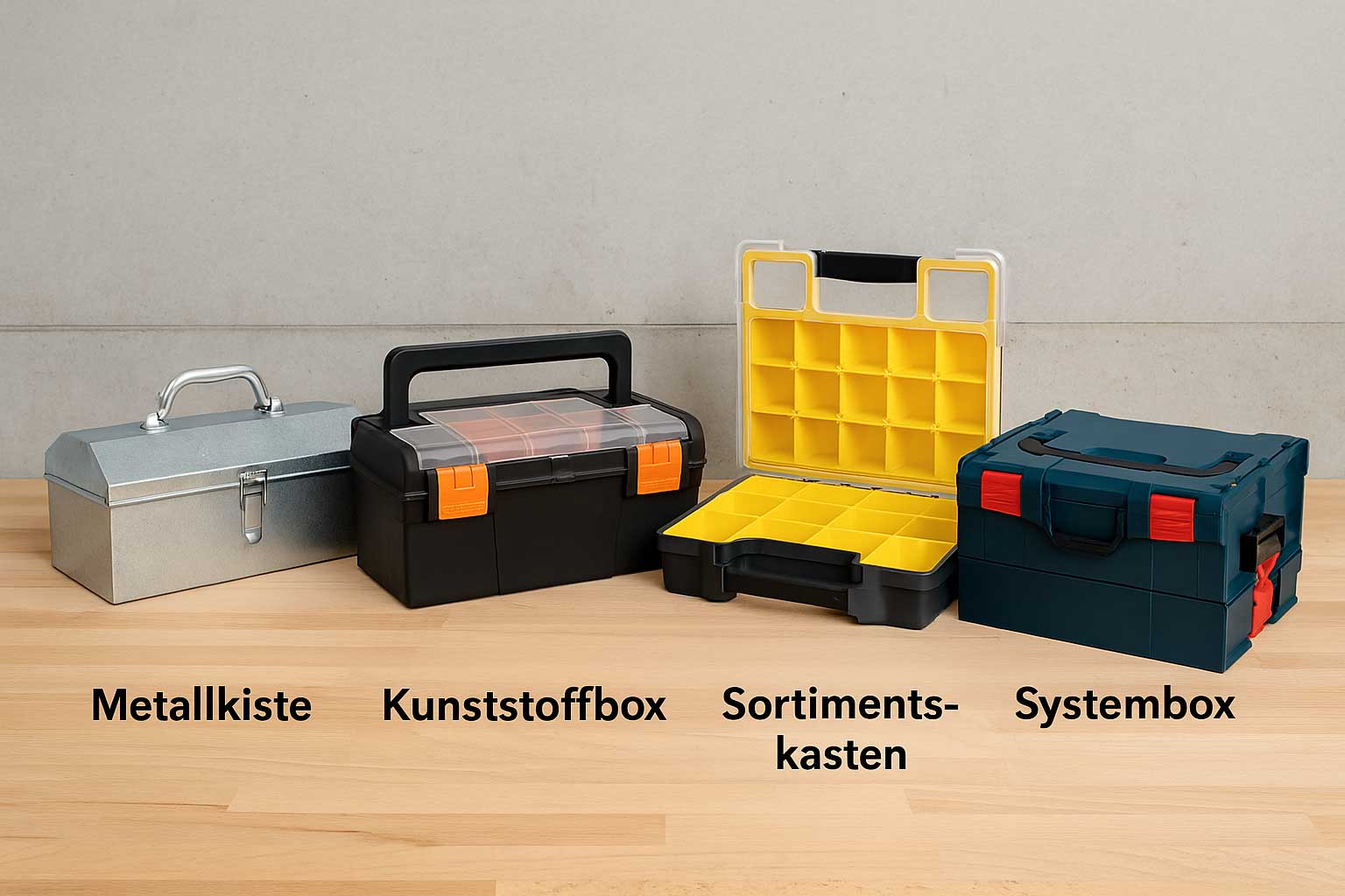Übersicht verschiedener Werkzeugkisten und Transportboxen nebeneinander