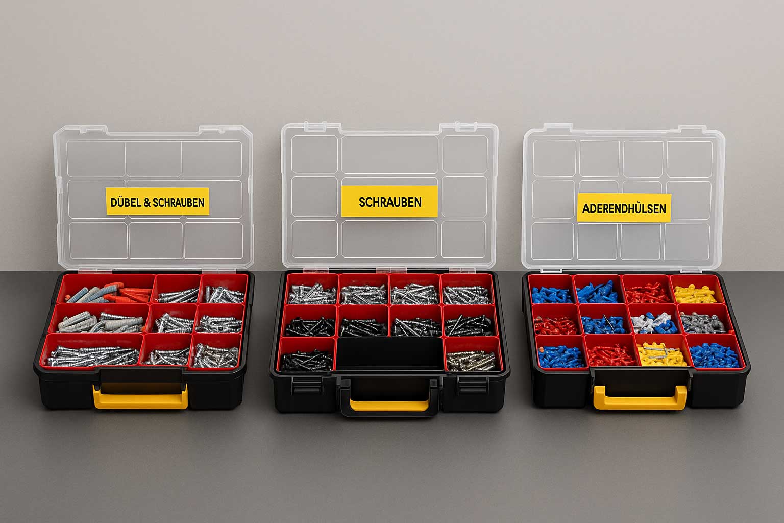 Sortimentskästen mit Kleinteilen sauber beschriftet