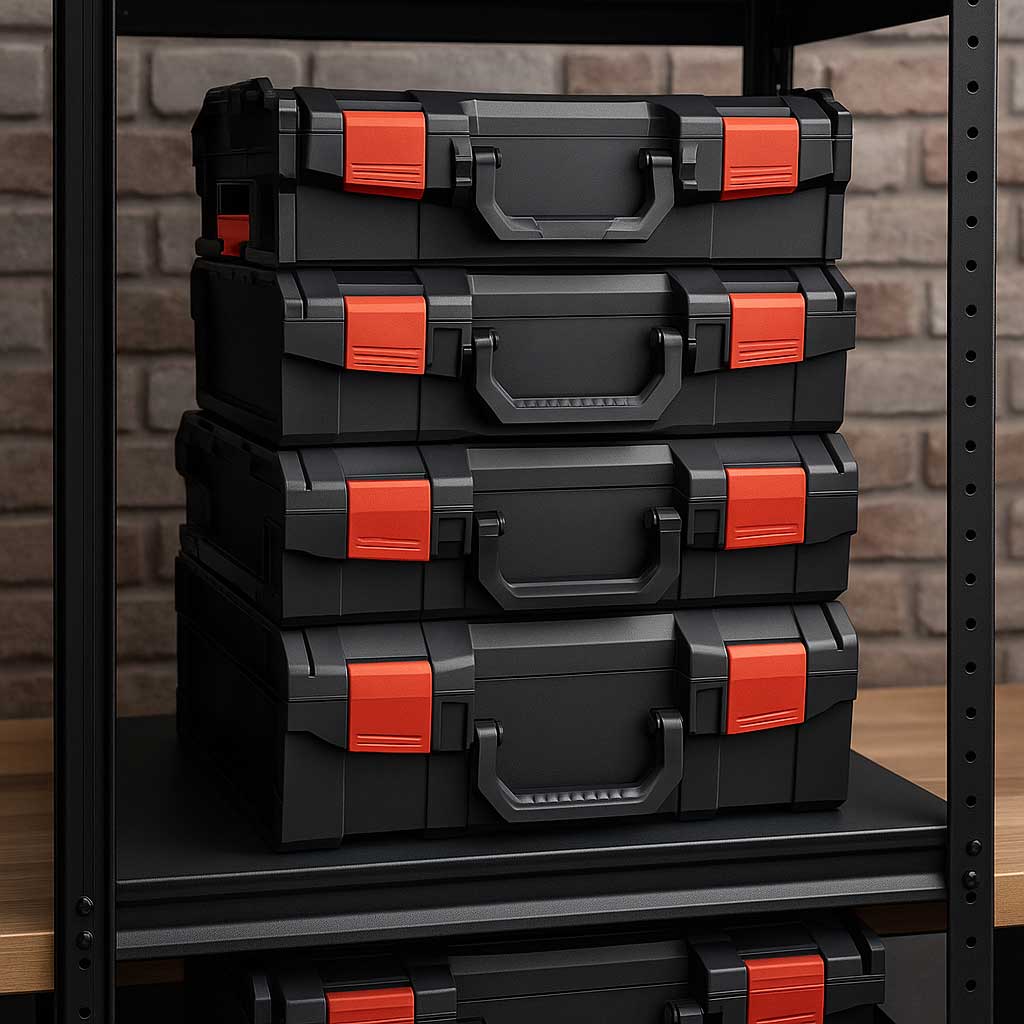 Gestapelte Systemboxen wie L-Boxx und Systainer in einem Regal